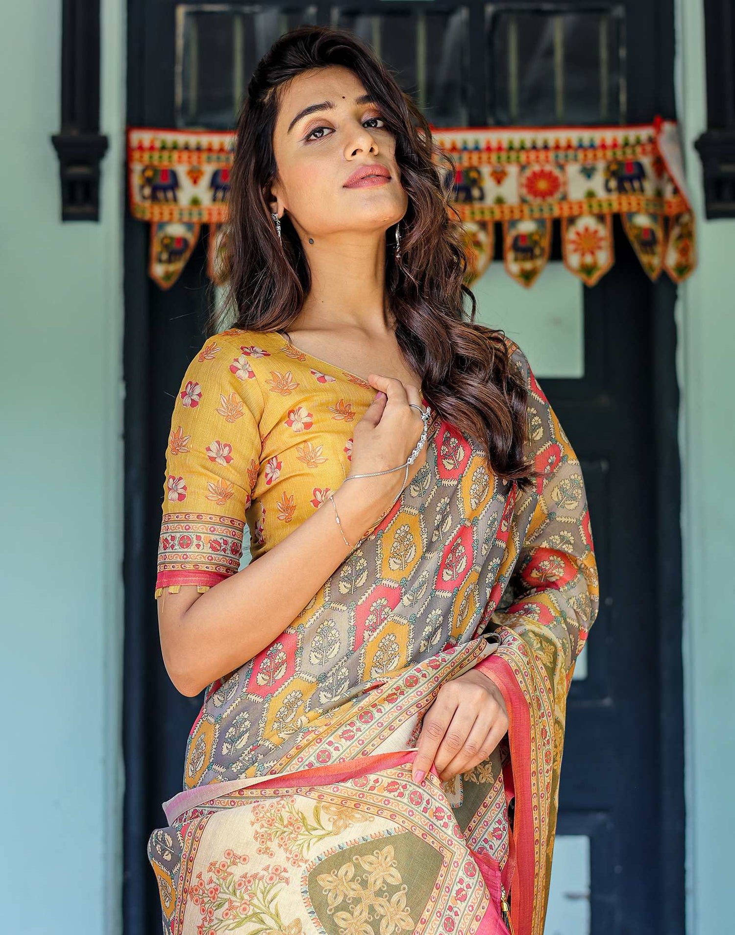 Yellow Shimmer Silk Printed Saree