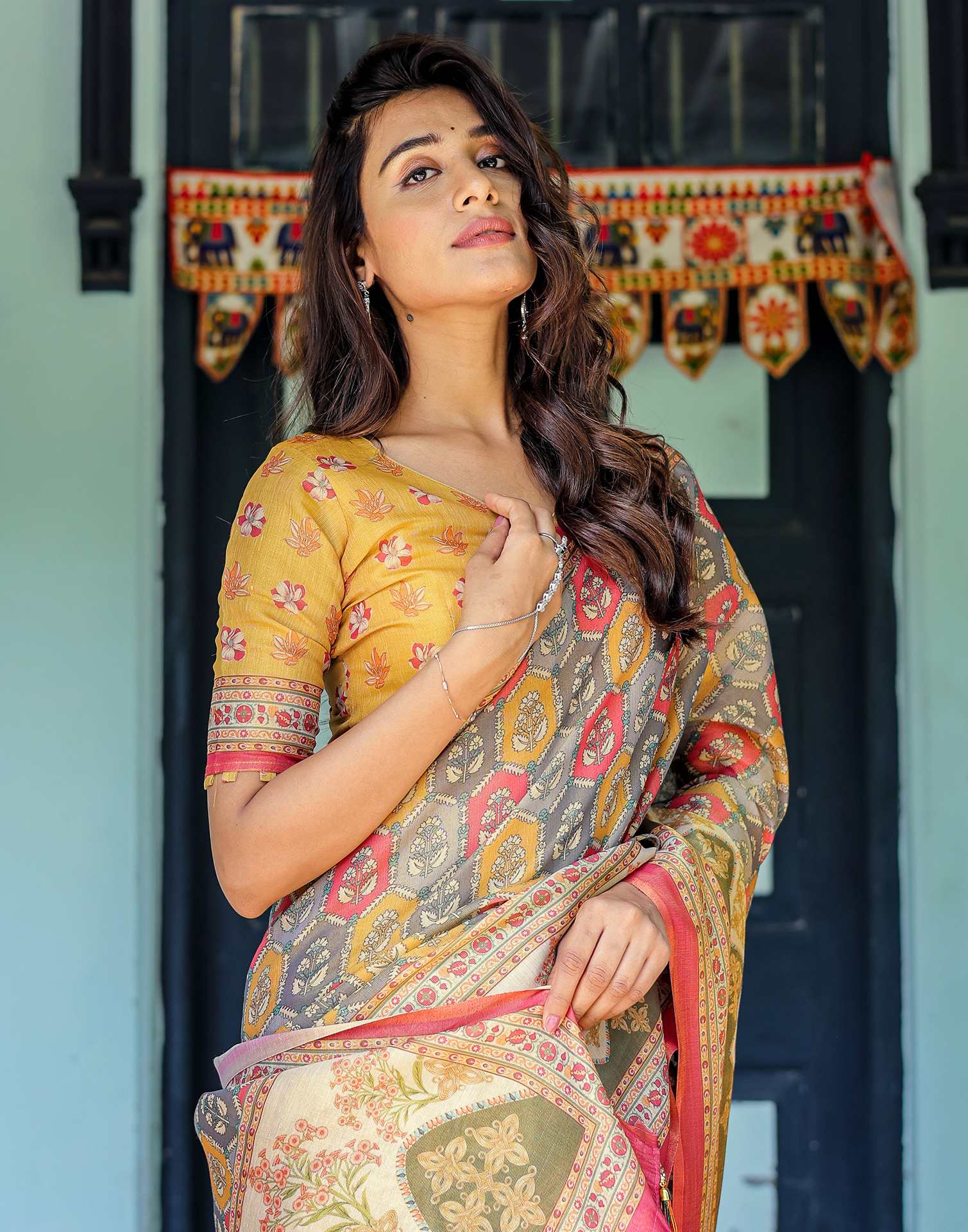 Yellow Shimmer Silk Printed Saree