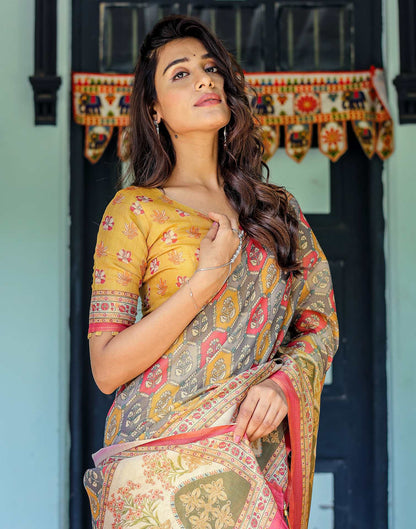 Yellow Shimmer Silk Printed Saree