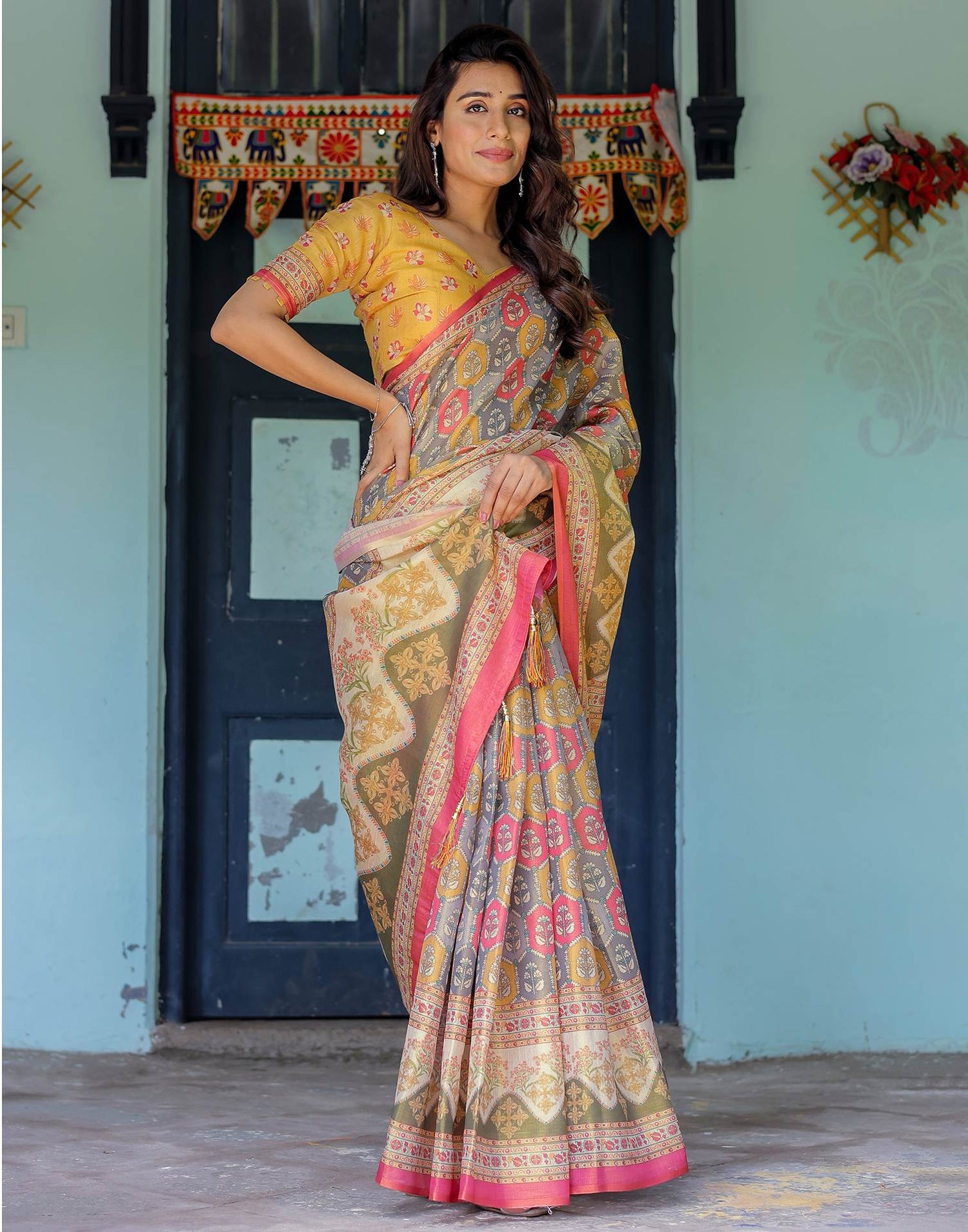 Yellow Shimmer Silk Printed Saree