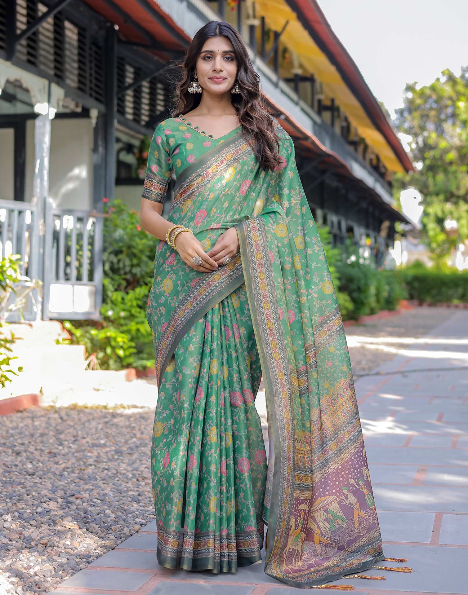 Teal Green Shimmer Silk Printed Saree