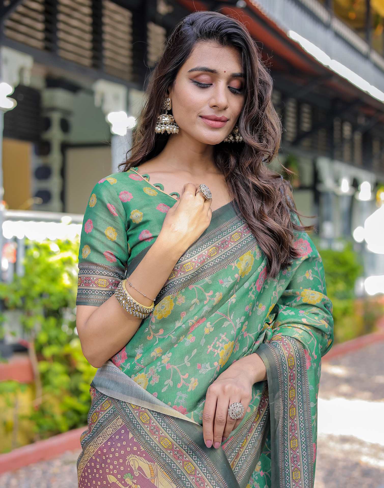 Teal Green Shimmer Silk Printed Saree