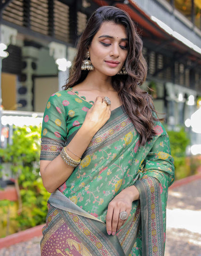 Teal Green Shimmer Silk Printed Saree