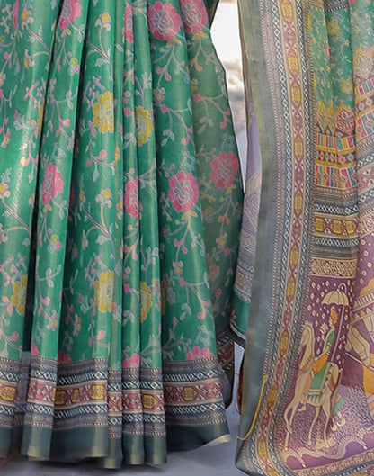 Teal Green Shimmer Silk Printed Saree