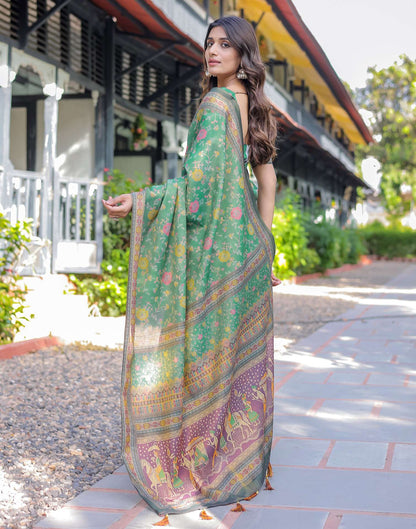 Teal Green Shimmer Silk Printed Saree