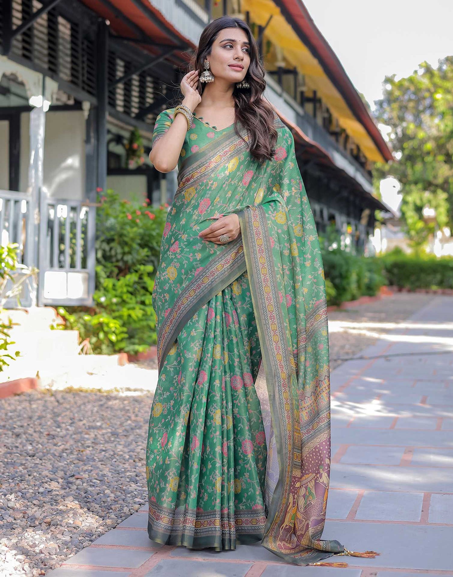 Teal Green Shimmer Silk Printed Saree