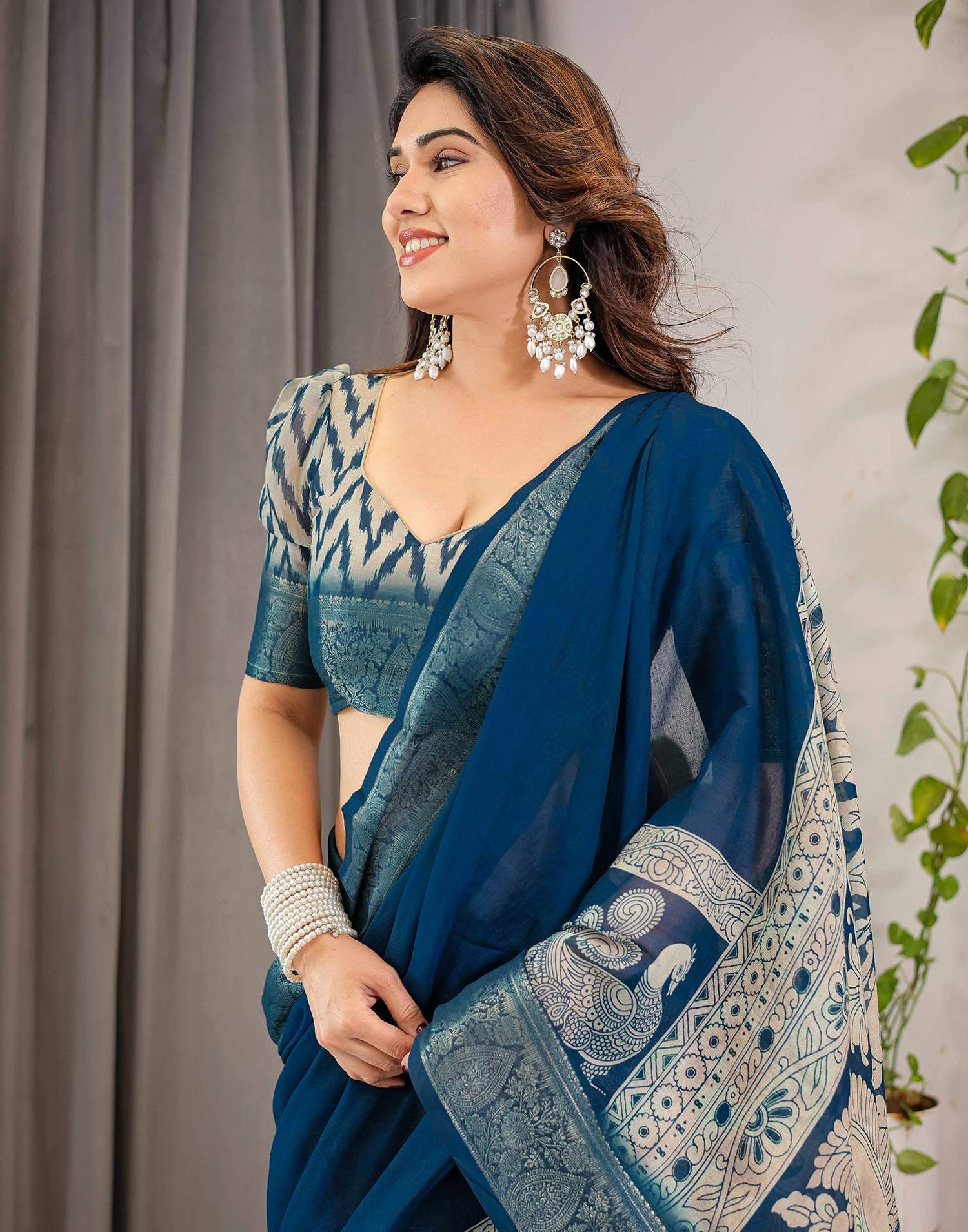 Blue Linen Printed Saree