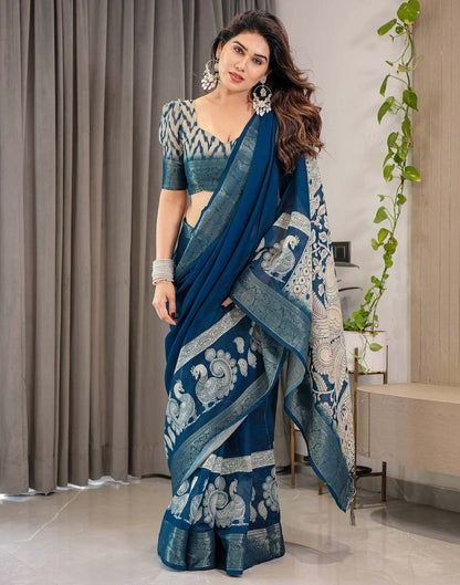 Blue Linen Printed Saree
