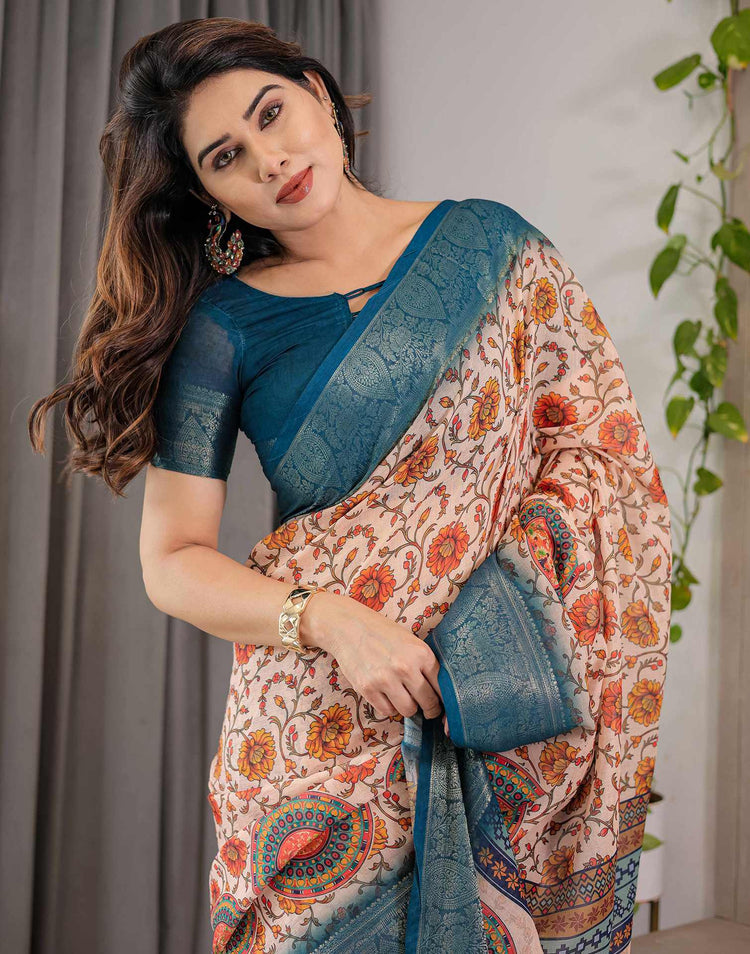 Light Peach Linen Printed Saree