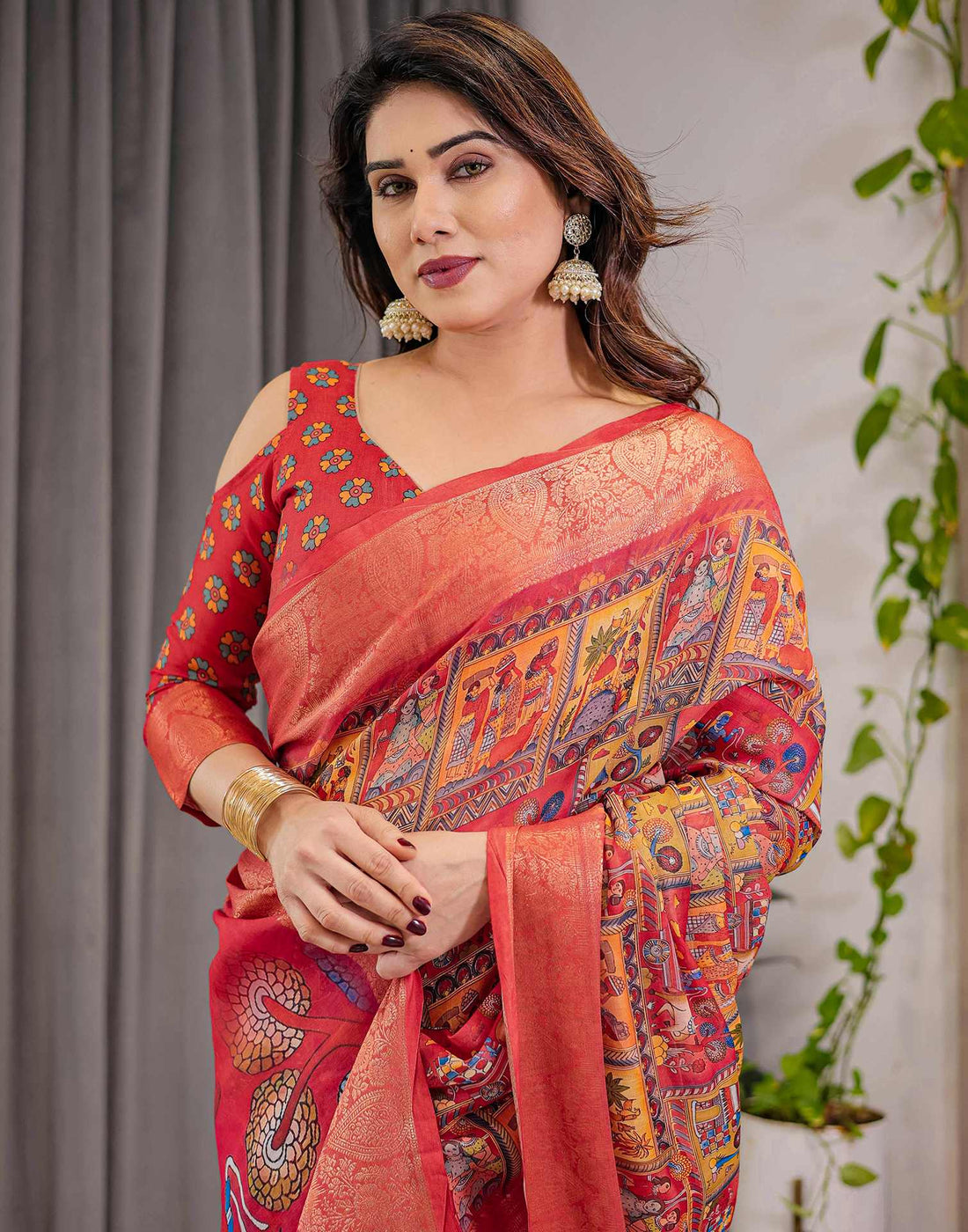 Coral Red Linen Printed Saree