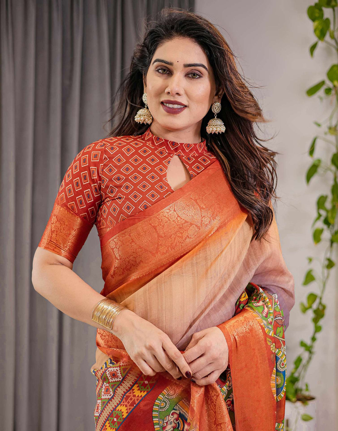 Orange Linen Printed Saree