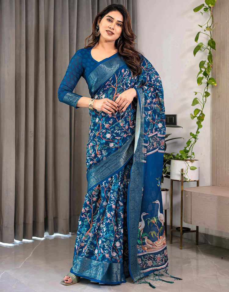Blue Linen Printed Saree