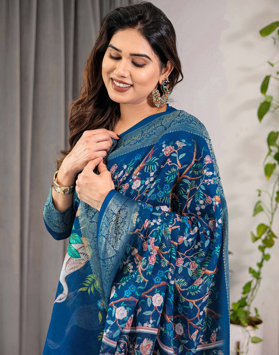 Blue Linen Printed Saree