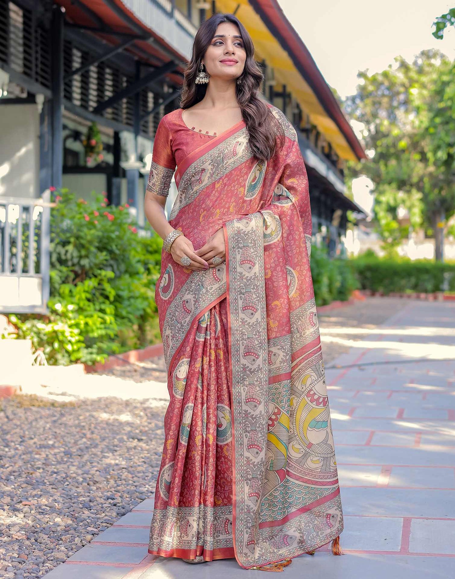 Coral Red Shimmer Silk Printed Kalamkari Saree