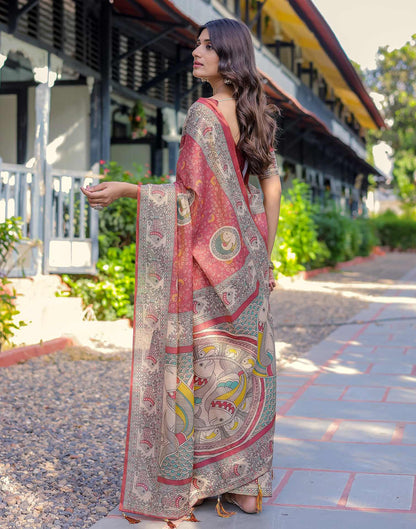 Coral Red Shimmer Silk Printed Kalamkari Saree
