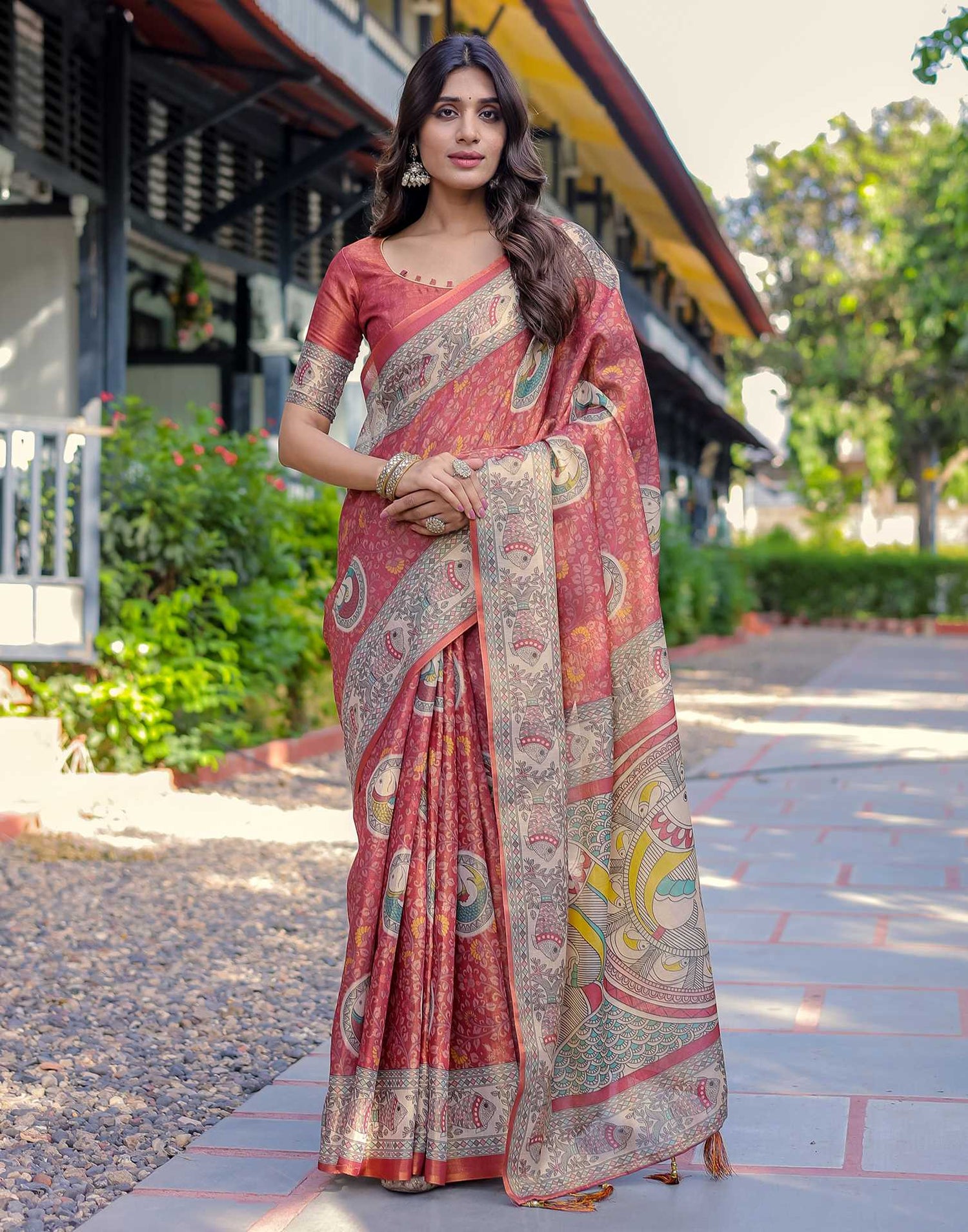 Coral Red Shimmer Silk Printed Kalamkari Saree