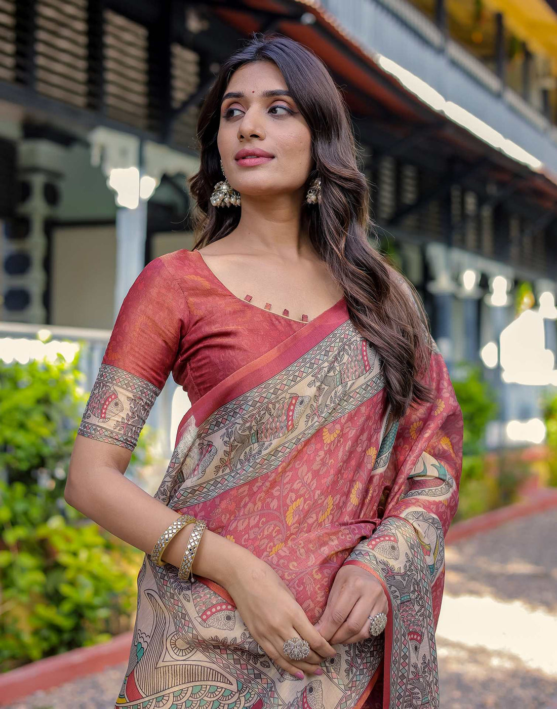 Coral Red Shimmer Silk Printed Kalamkari Saree
