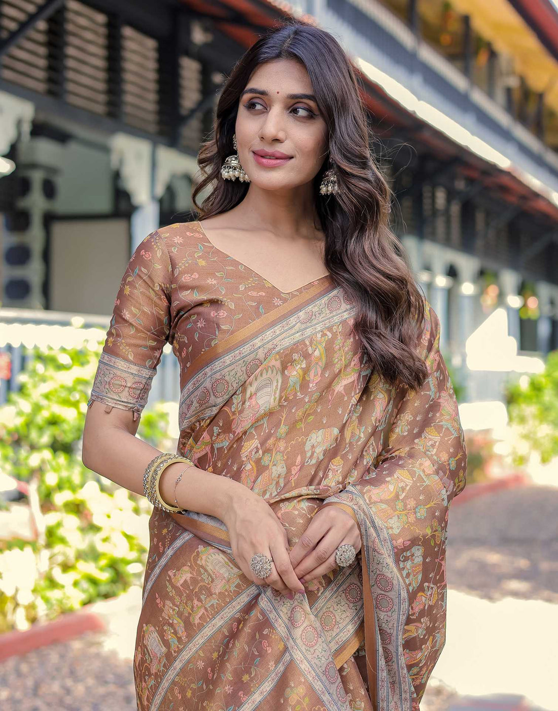 Brown Shimmer Silk Printed Saree
