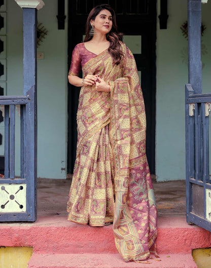 Dull Purple Shimmer Silk Printed Saree
