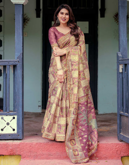 Dull Purple Shimmer Silk Printed Saree