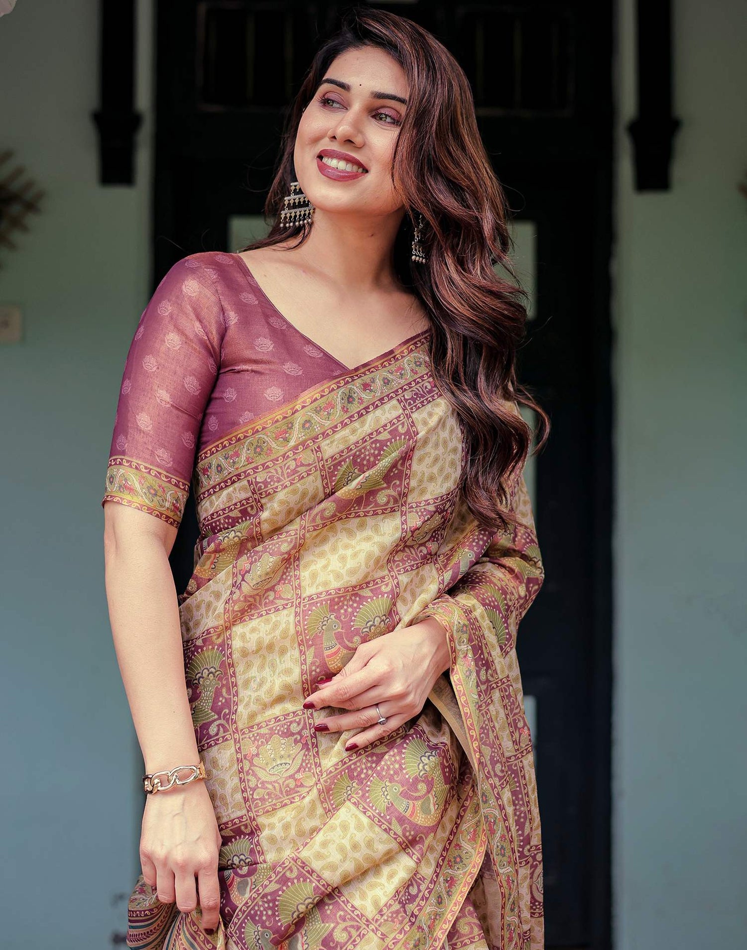 Dull Purple Shimmer Silk Printed Saree