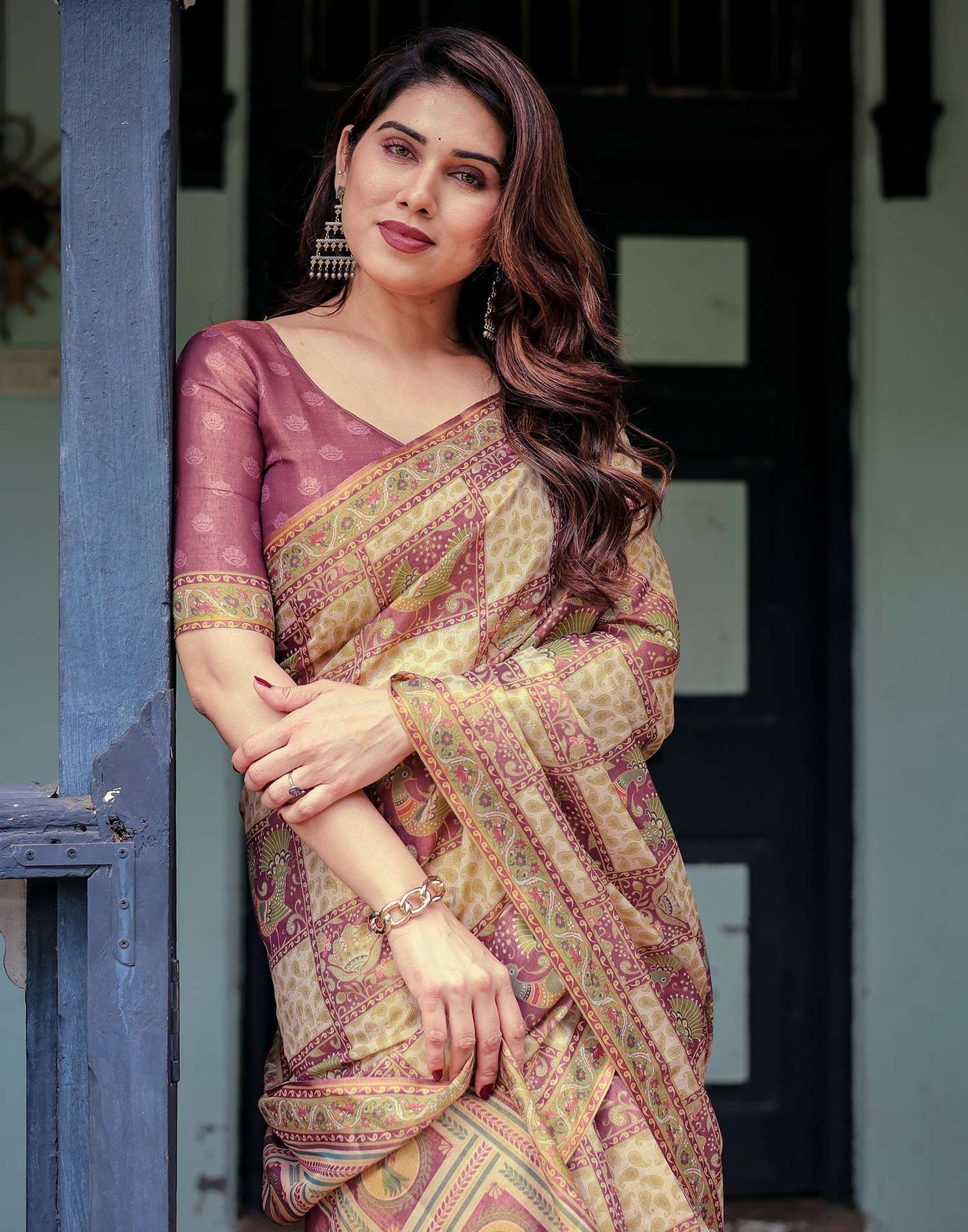 Dull Purple Shimmer Silk Printed Saree