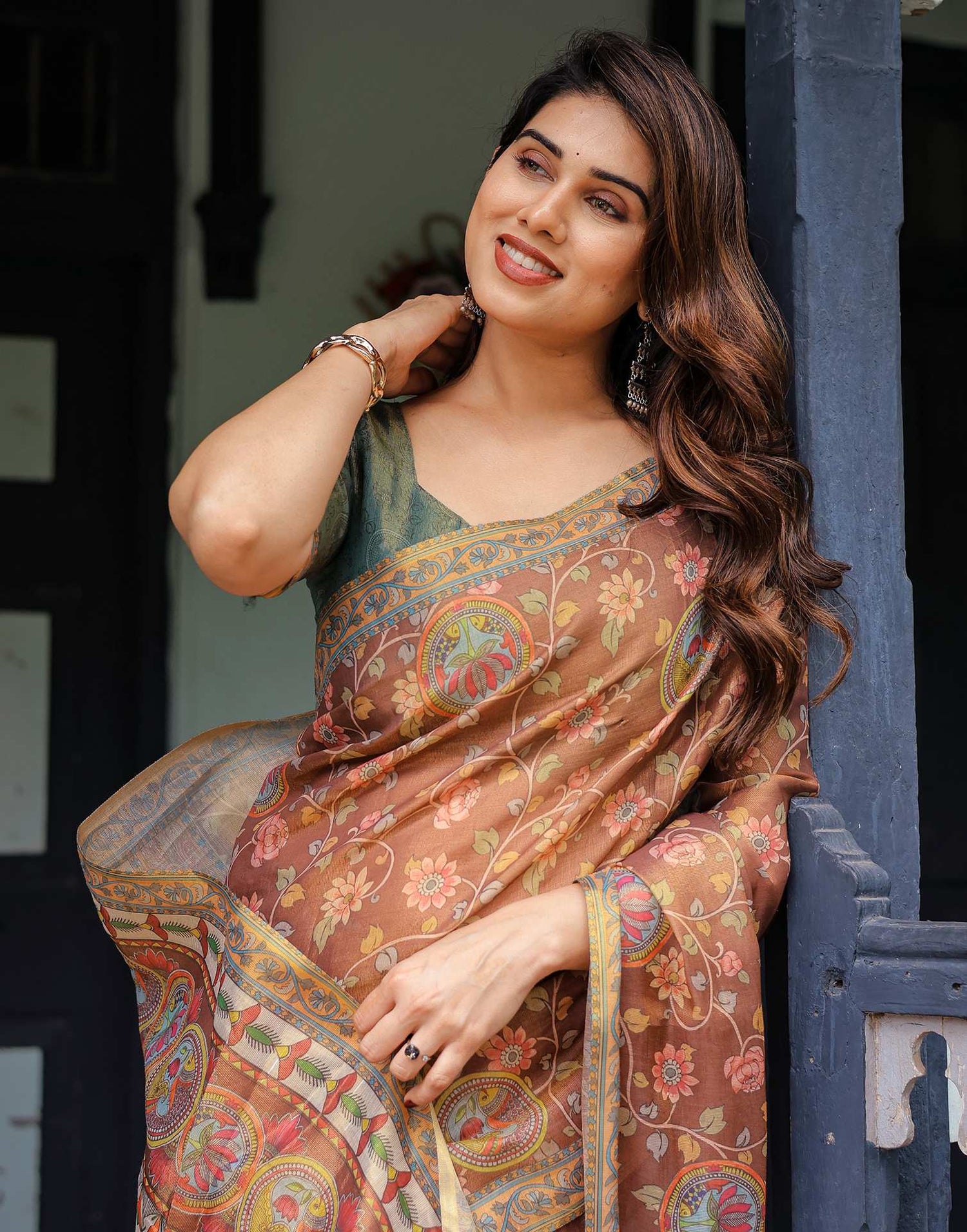Brown Shimmer Silk Printed Kalamkari Saree