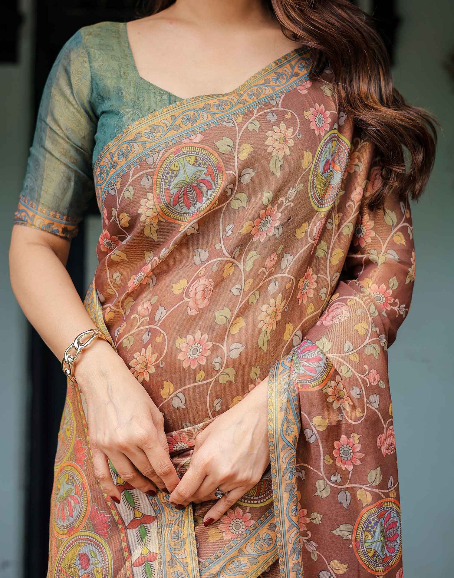 Brown Shimmer Silk Printed Kalamkari Saree