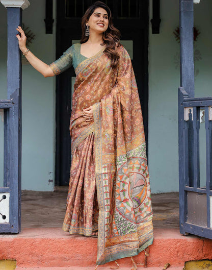 Brown Shimmer Silk Printed Kalamkari Saree