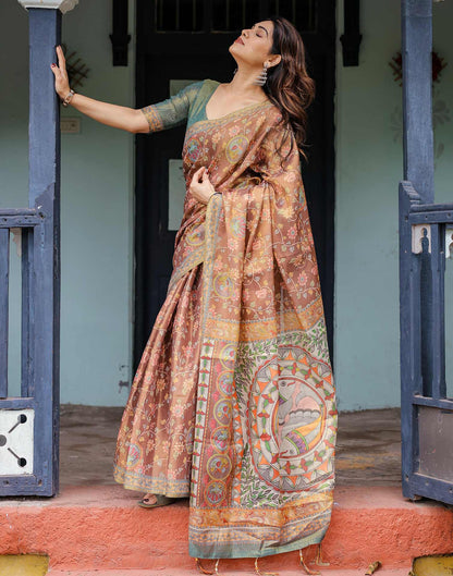 Brown Shimmer Silk Printed Kalamkari Saree