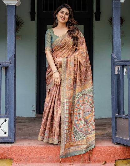 Brown Shimmer Silk Printed Kalamkari Saree