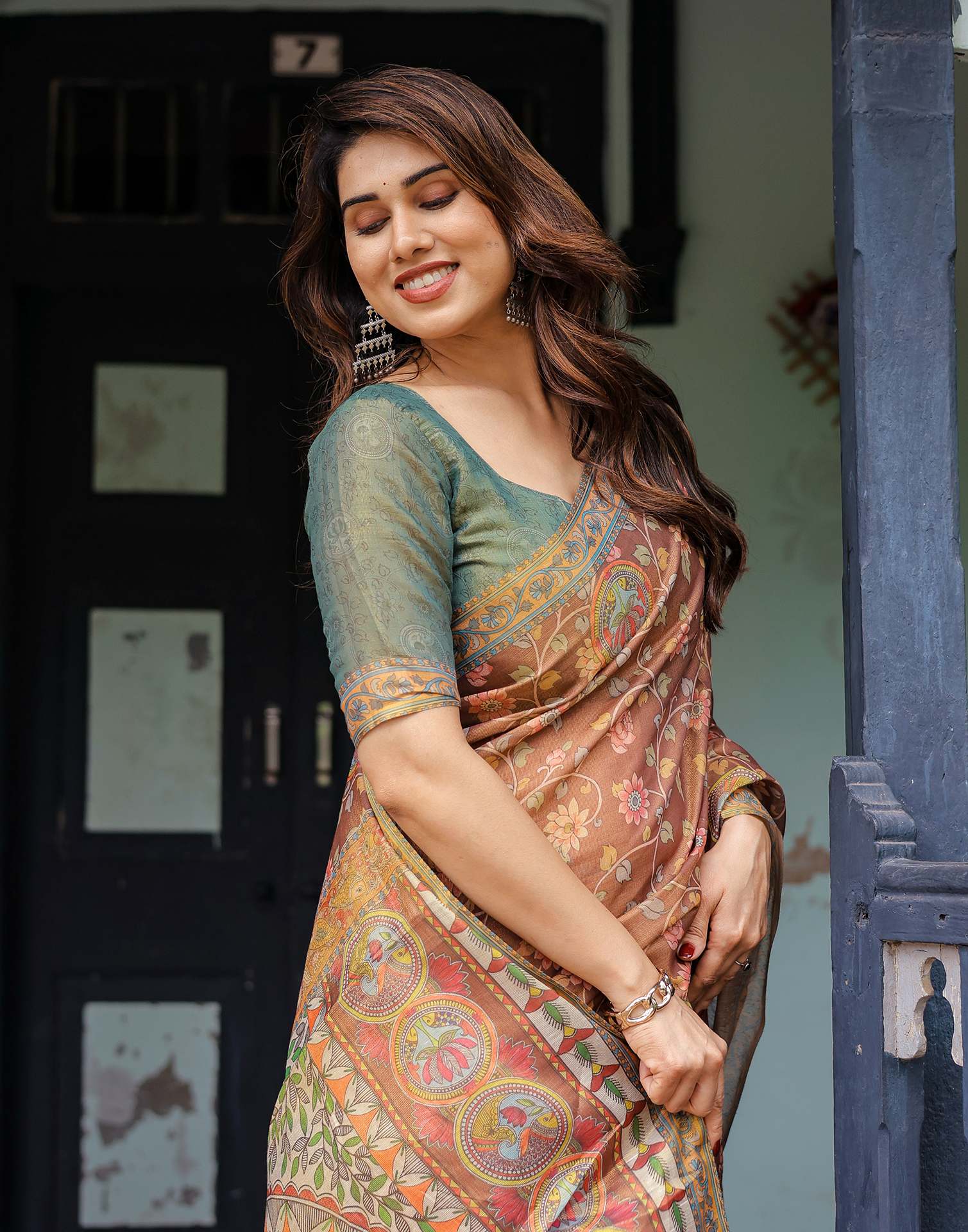 Brown Shimmer Silk Printed Kalamkari Saree