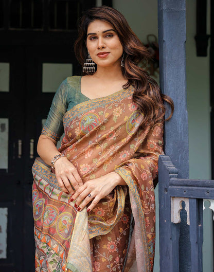 Brown Shimmer Silk Printed Kalamkari Saree