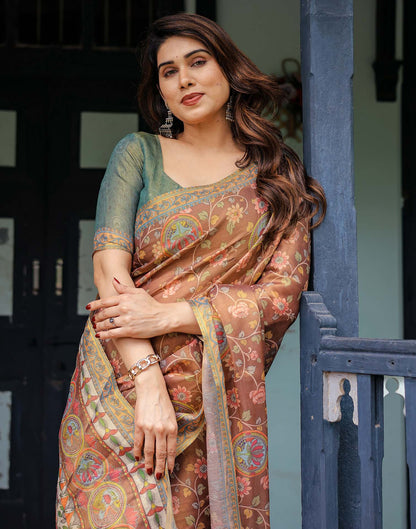 Brown Shimmer Silk Printed Kalamkari Saree