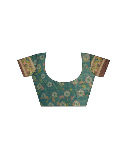 Teal Green Shimmer Silk Printed Kalamkari Saree