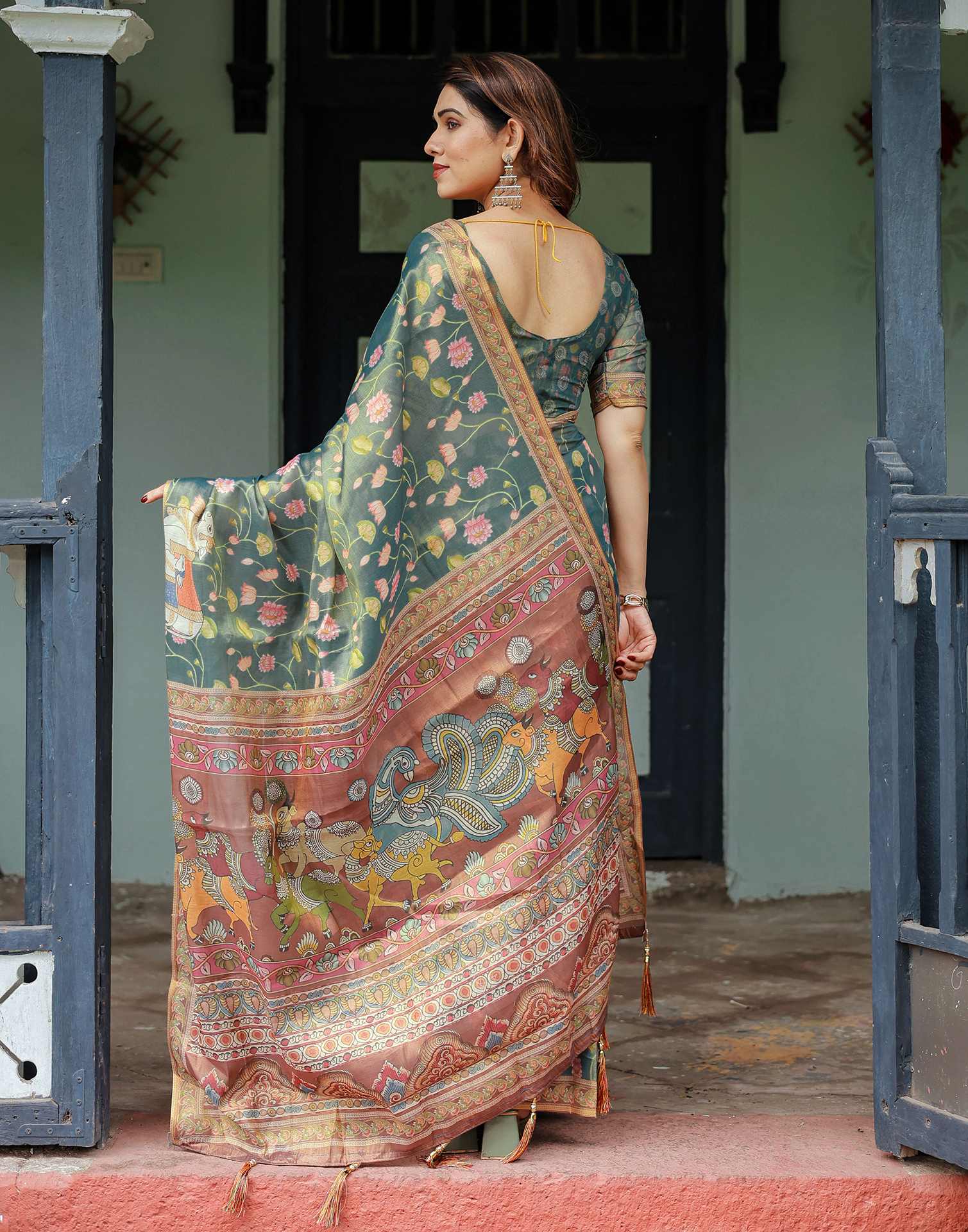 Teal Green Shimmer Silk Printed Kalamkari Saree