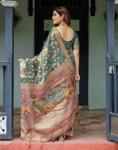 Teal Green Shimmer Silk Printed Kalamkari Saree
