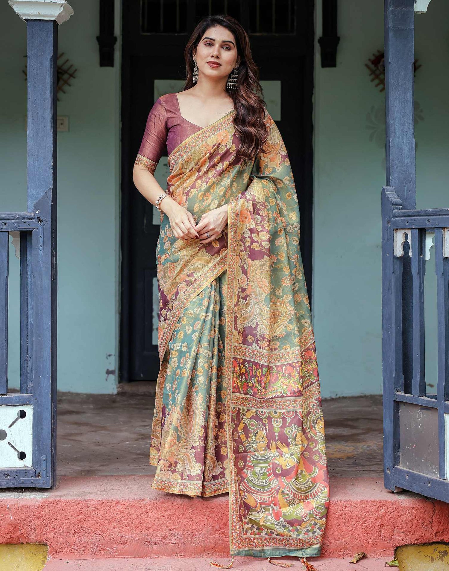 Teal Green Shimmer Silk Printed Saree