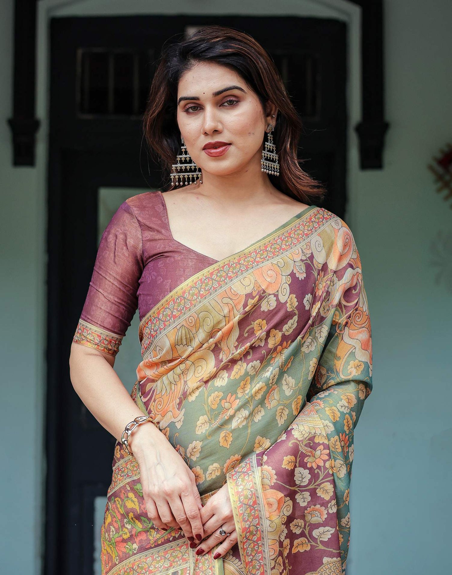 Teal Green Shimmer Silk Printed Saree