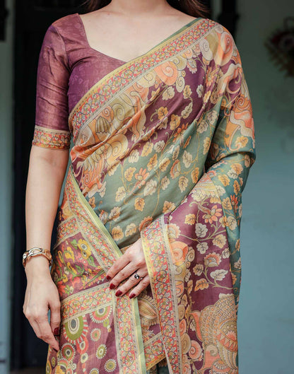 Teal Green Shimmer Silk Printed Saree