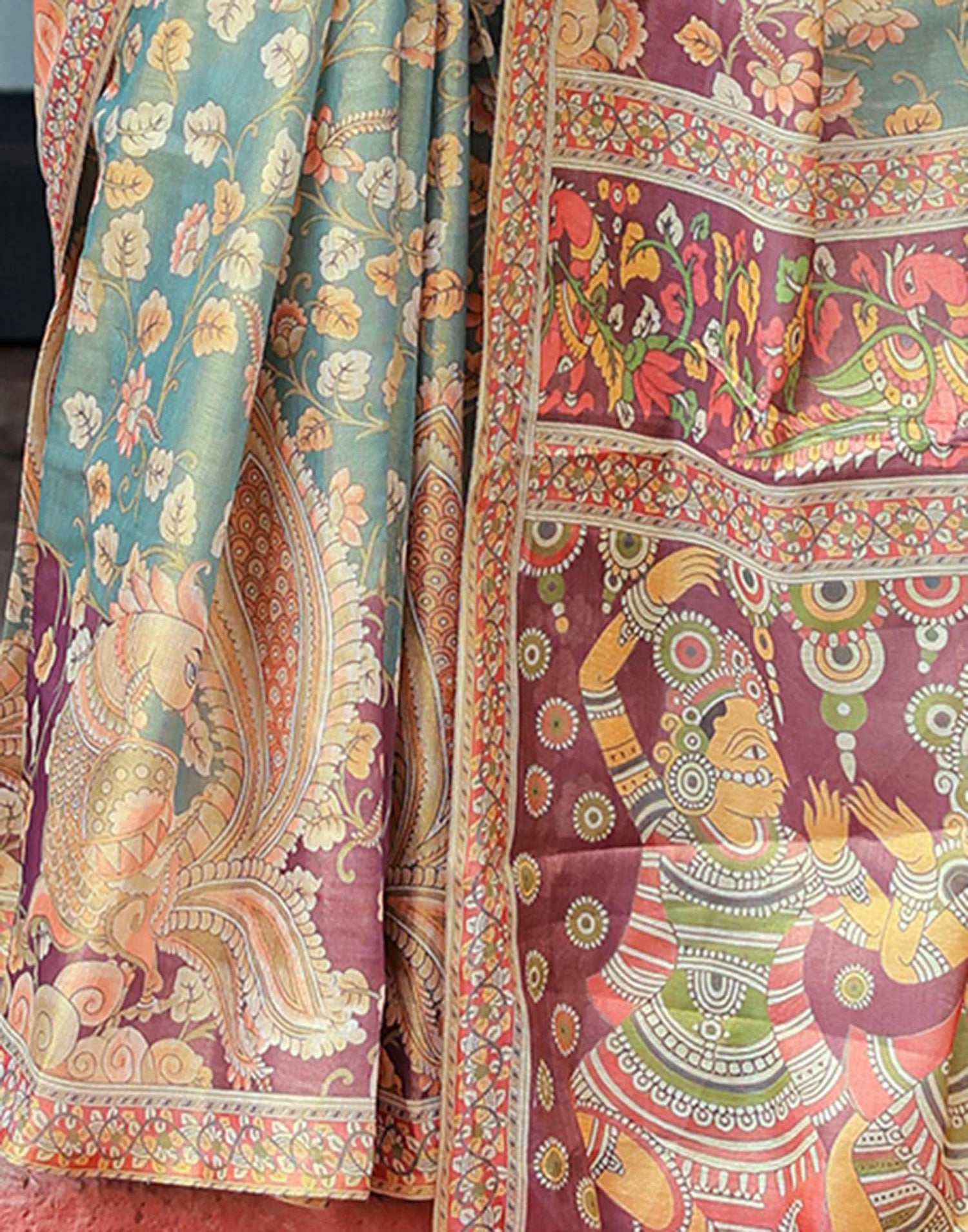 Teal Green Shimmer Silk Printed Saree
