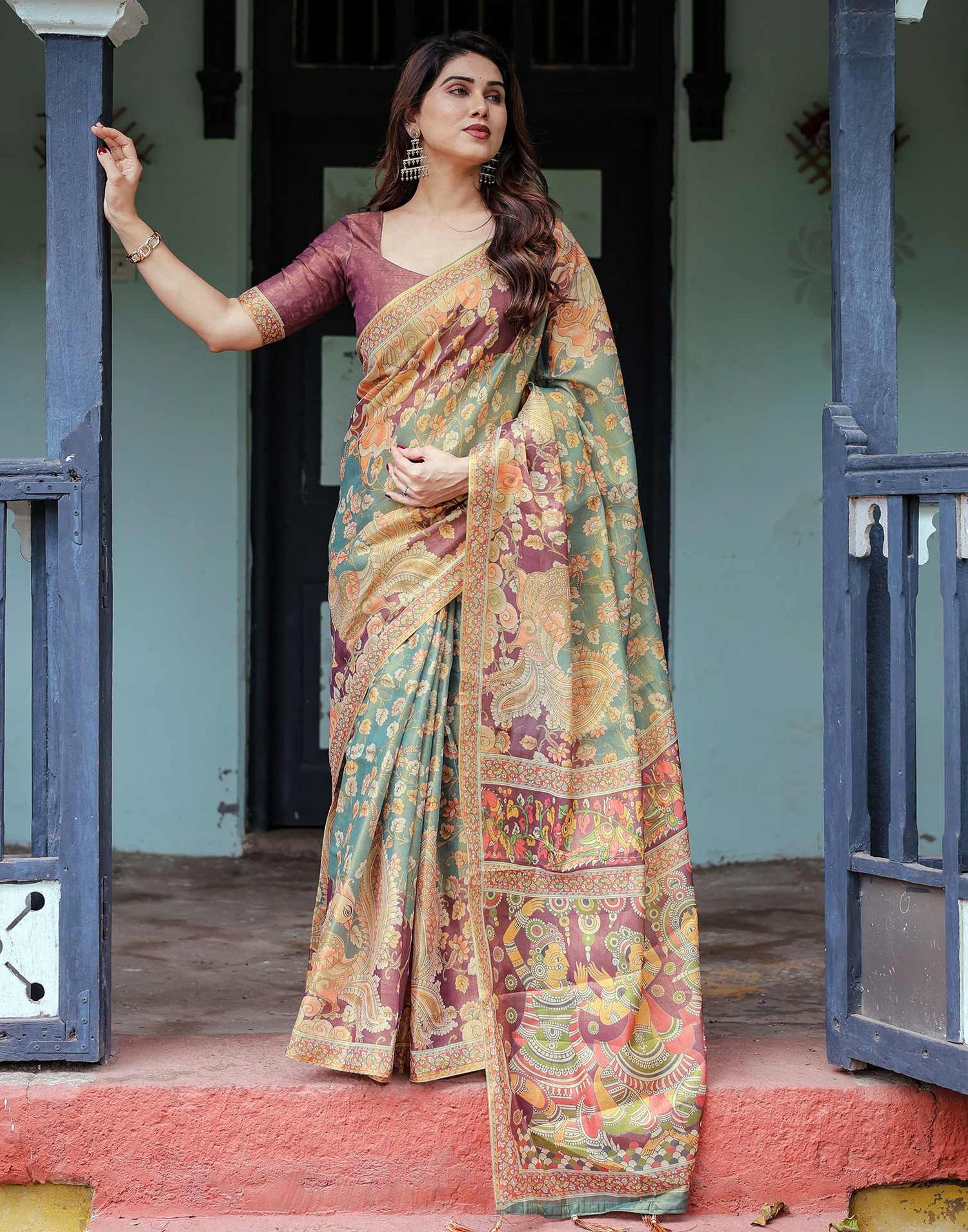 Teal Green Shimmer Silk Printed Saree