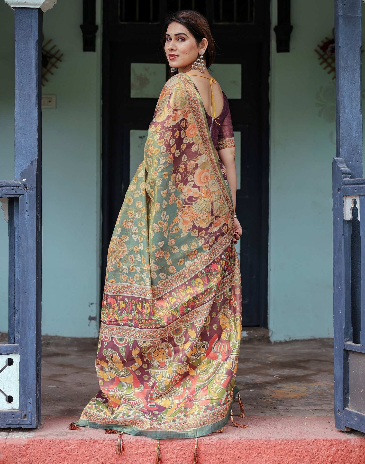 Teal Green Shimmer Silk Printed Saree