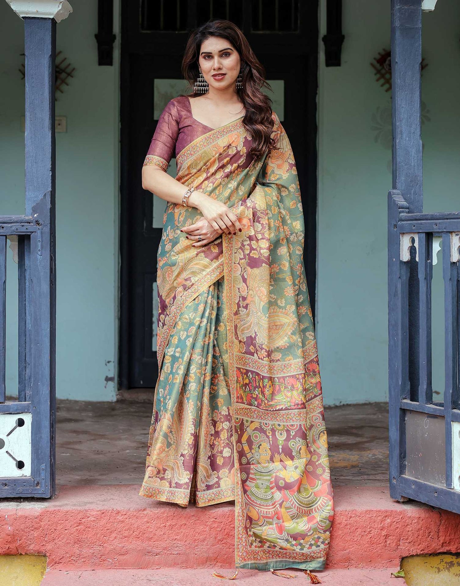 Teal Green Shimmer Silk Printed Saree