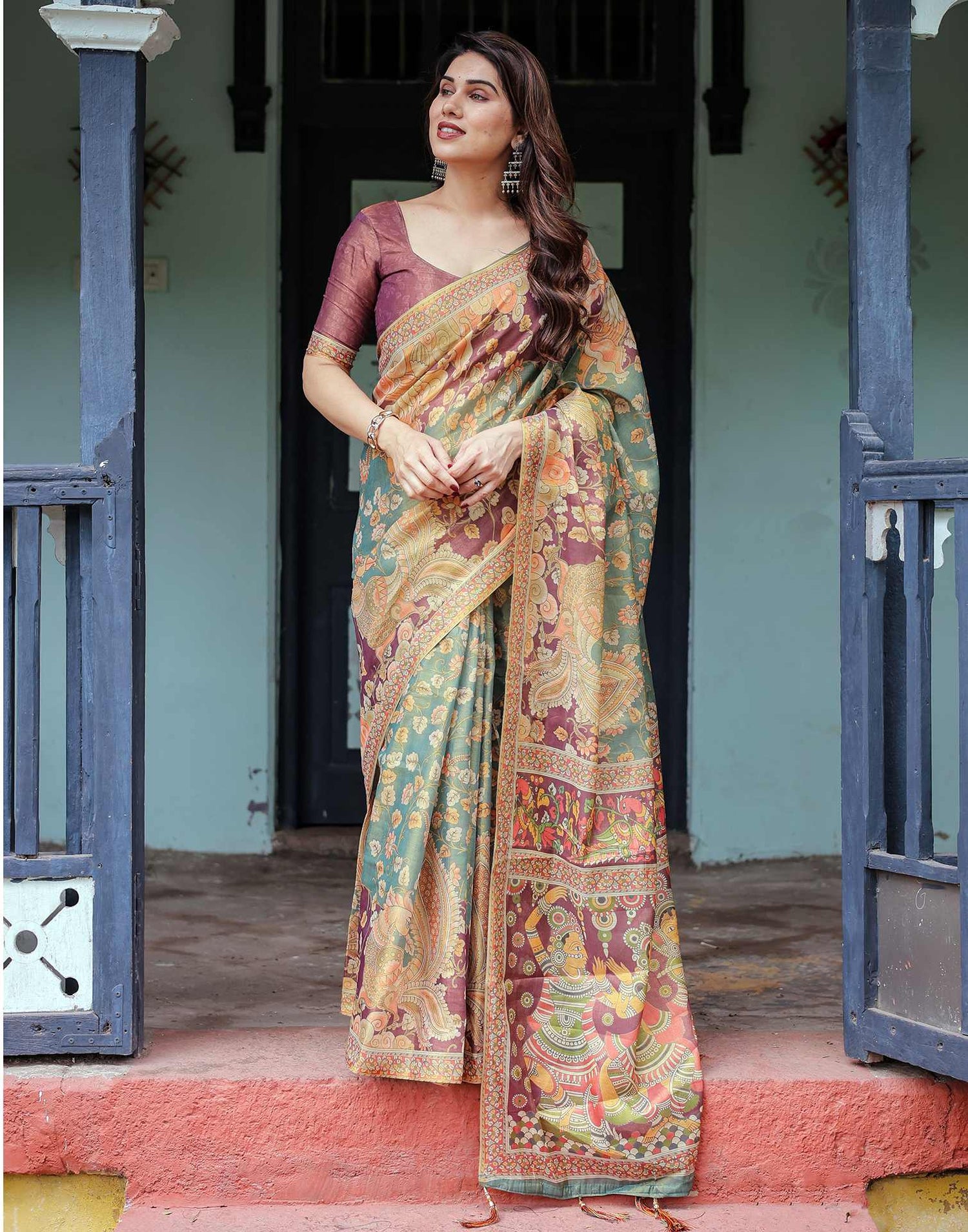 Teal Green Shimmer Silk Printed Saree