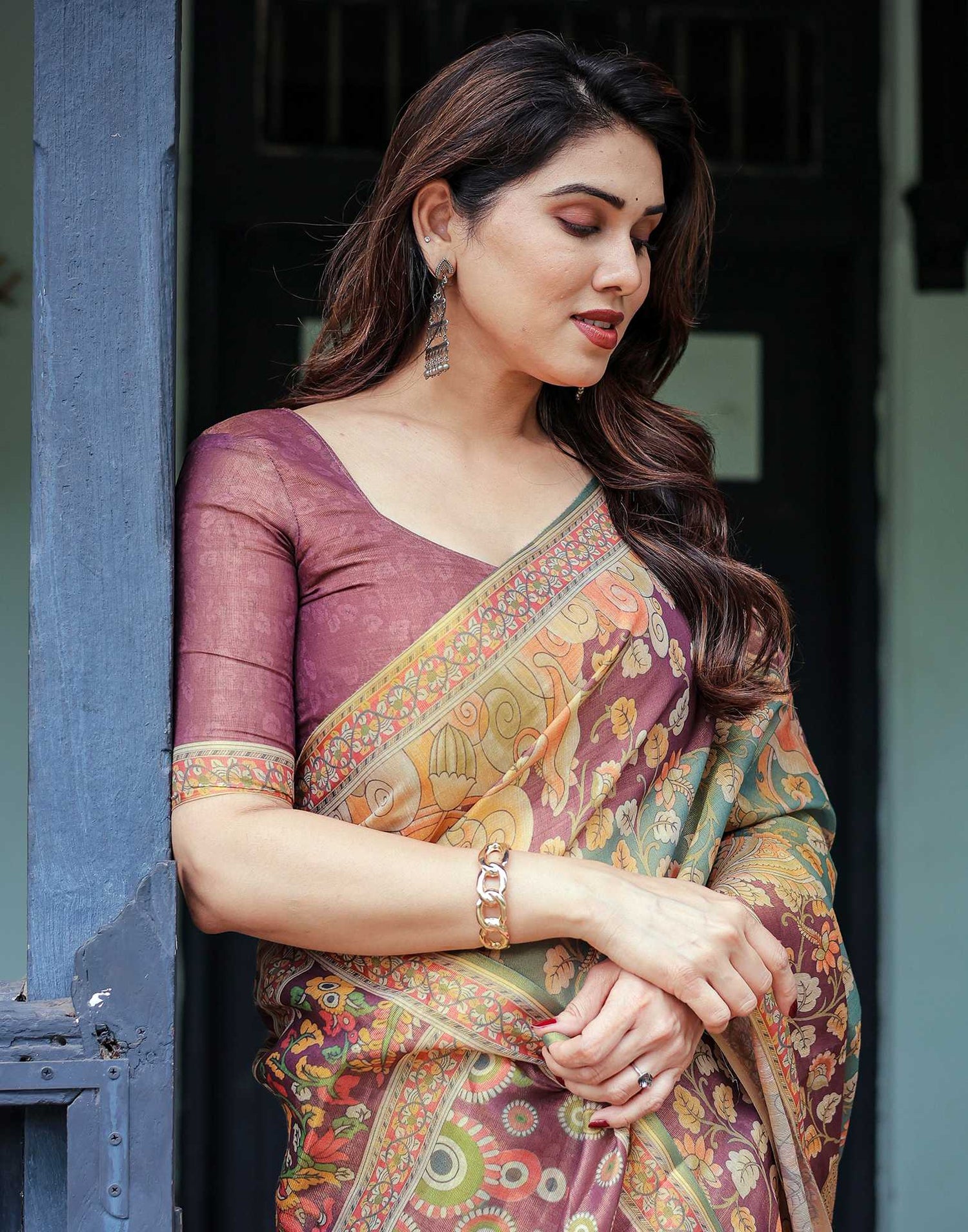 Teal Green Shimmer Silk Printed Saree