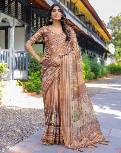 Brown Shimmer Silk Printed Saree