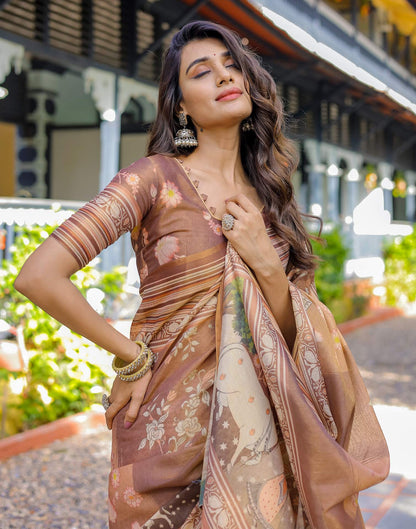 Brown Shimmer Silk Printed Saree