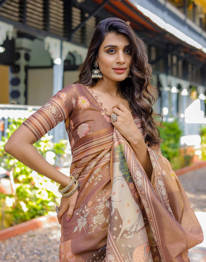Brown Shimmer Silk Printed Saree