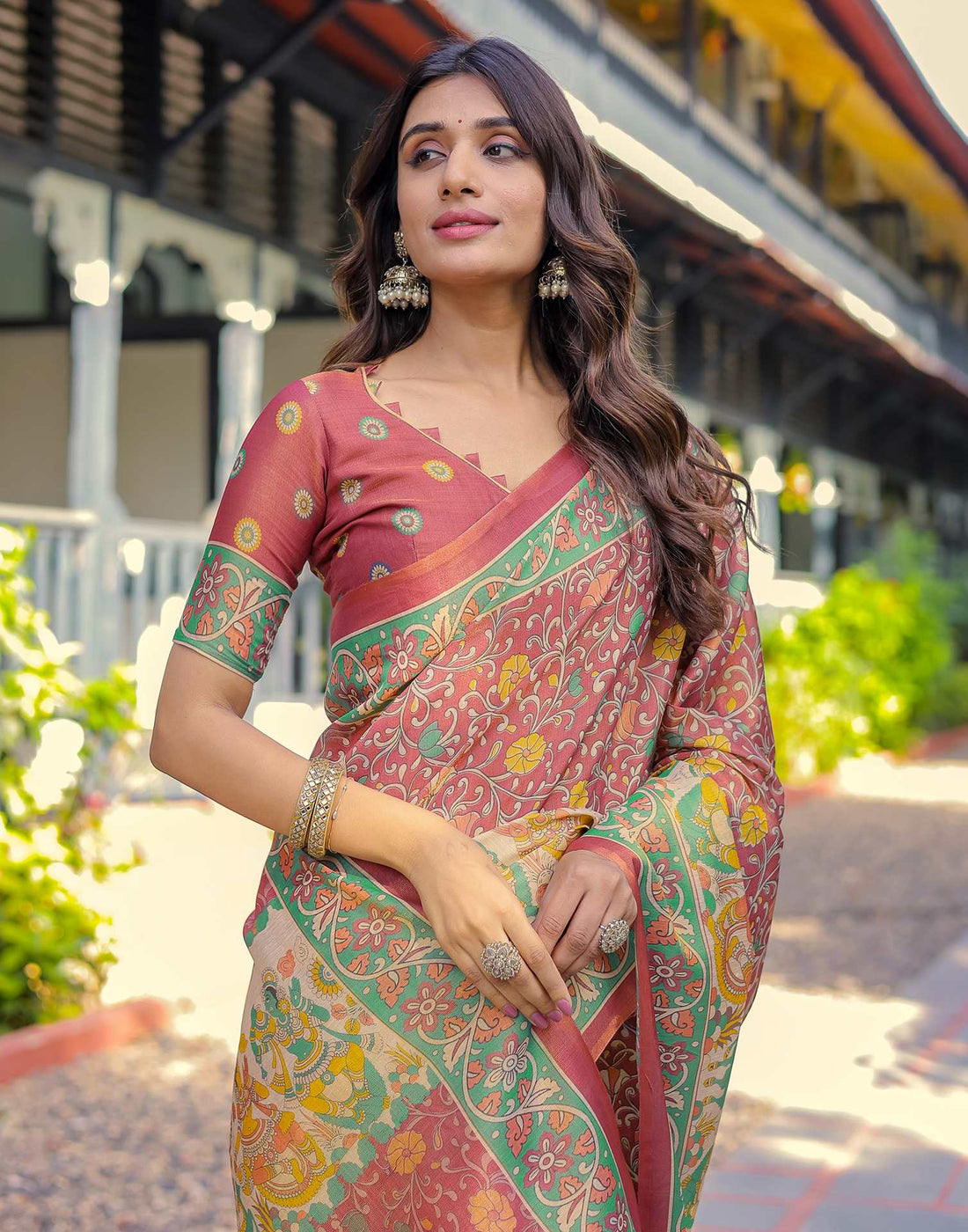 Coral Red Shimmer Silk Printed Saree